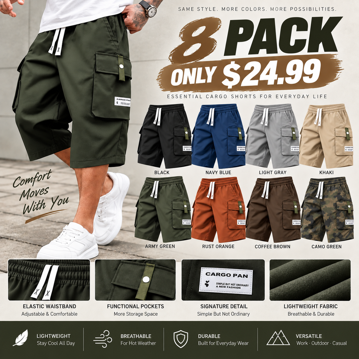 Men's Summer Casual Cargo Shorts - Elastic Drawstring Waist, Multiple Pockets & Letter Patch Design