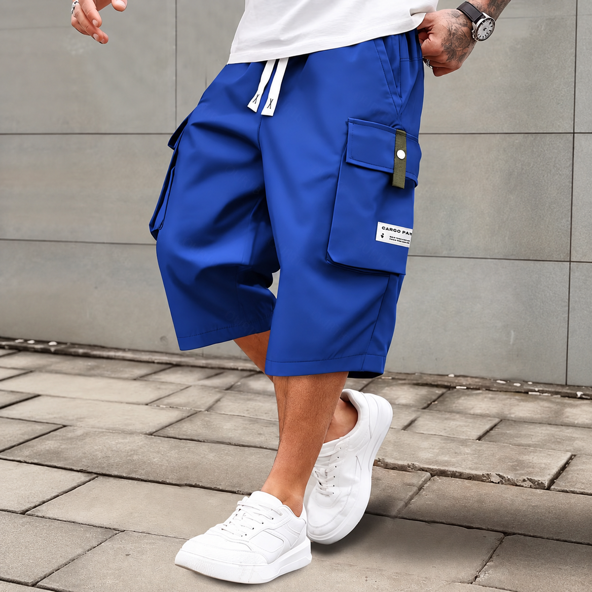 Men's Summer Casual Cargo Shorts - Elastic Drawstring Waist, Multiple Pockets & Letter Patch Design