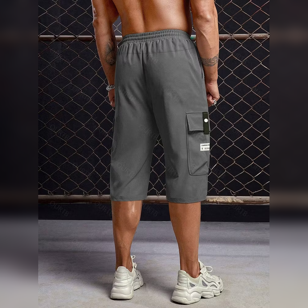 Men's Summer Casual Cargo Shorts - Elastic Drawstring Waist, Multiple Pockets & Letter Patch Design