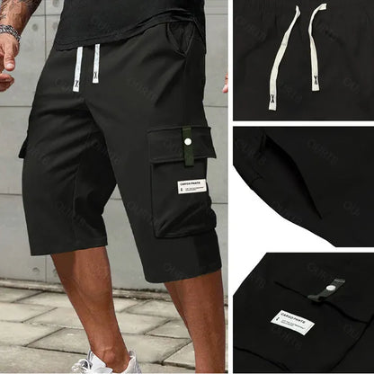 Men's Summer Casual Cargo Shorts - Elastic Drawstring Waist, Multiple Pockets & Letter Patch Design