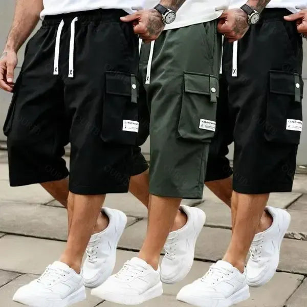 Men's Summer Casual Cargo Shorts - Elastic Drawstring Waist, Multiple Pockets & Letter Patch Design