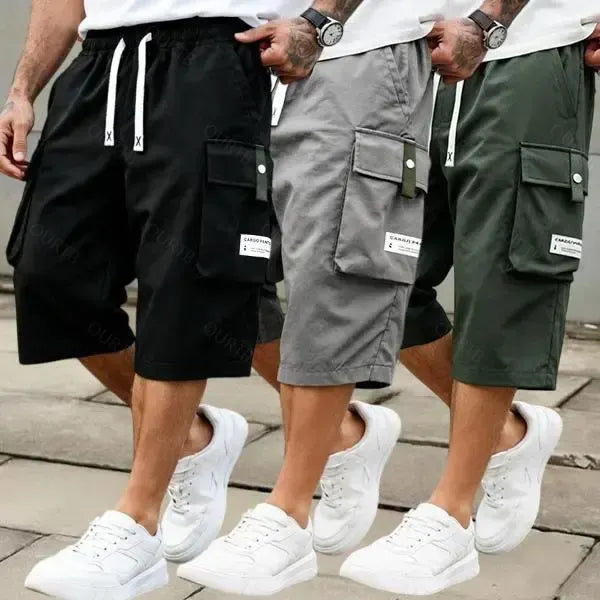 Men's Summer Casual Cargo Shorts - Elastic Drawstring Waist, Multiple Pockets & Letter Patch Design