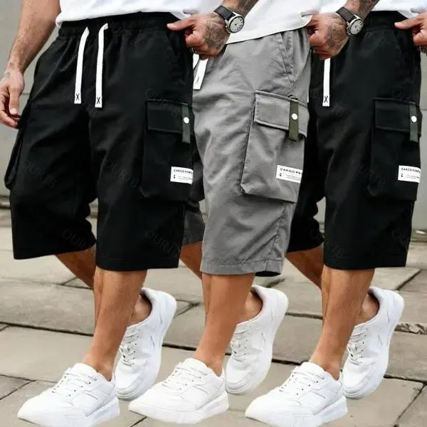 Men's Summer Casual Cargo Shorts - Elastic Drawstring Waist, Multiple Pockets & Letter Patch Design