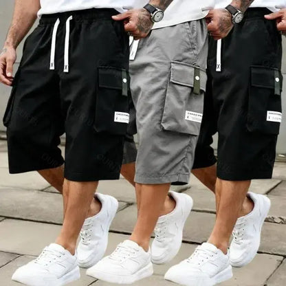 Men's Summer Casual Cargo Shorts - Elastic Drawstring Waist, Multiple Pockets & Letter Patch Design