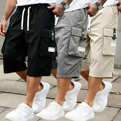 Men's Summer Casual Cargo Shorts - Elastic Drawstring Waist, Multiple Pockets & Letter Patch Design