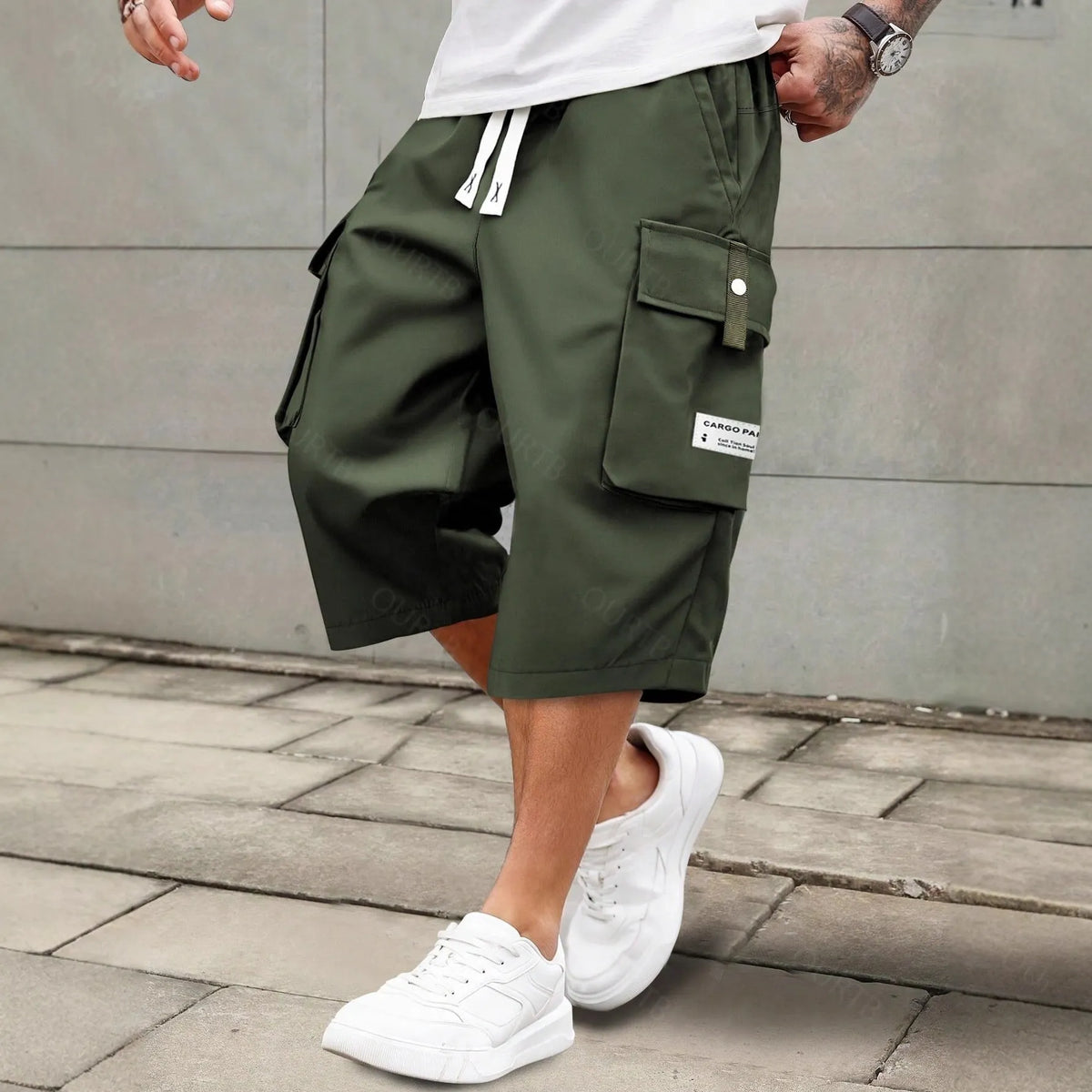 Men's Summer Casual Cargo Shorts - Elastic Drawstring Waist, Multiple Pockets & Letter Patch Design