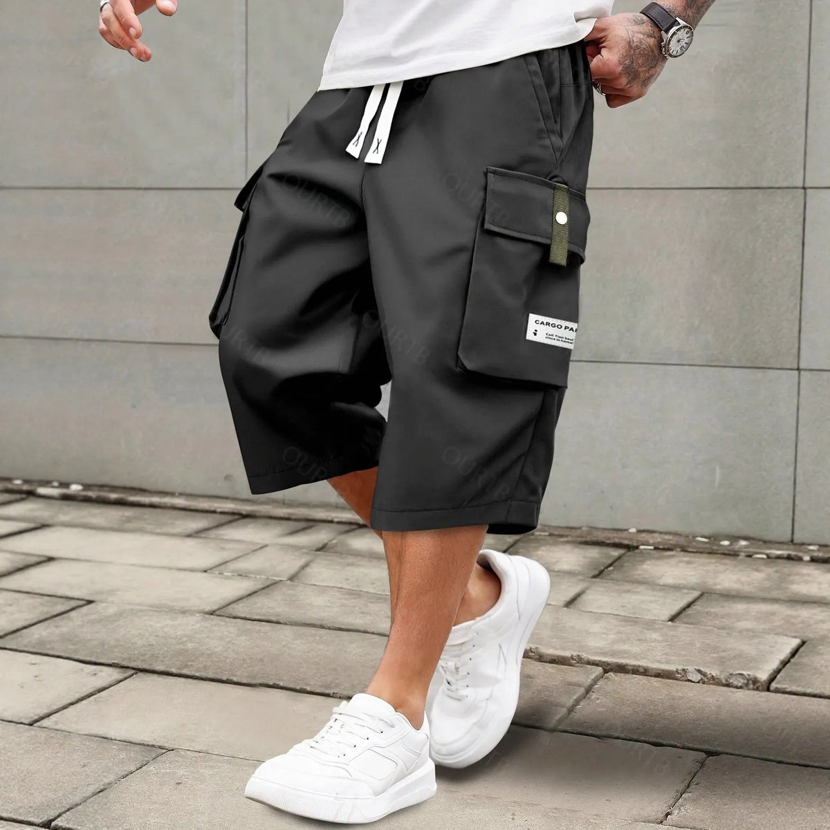 Men's Summer Casual Cargo Shorts - Elastic Drawstring Waist, Multiple Pockets & Letter Patch Design